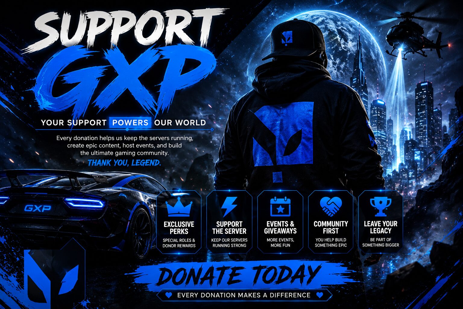 Support GXP — your support powers our world. Every donation helps keep the servers running, create content, host events and build the community.
