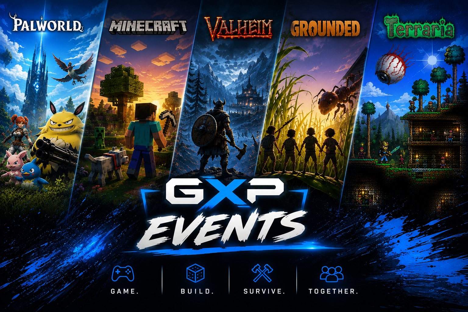 GameXPro Events — Palworld, Minecraft, Valheim, Grounded and Terraria. Game. Build. Survive. Together.